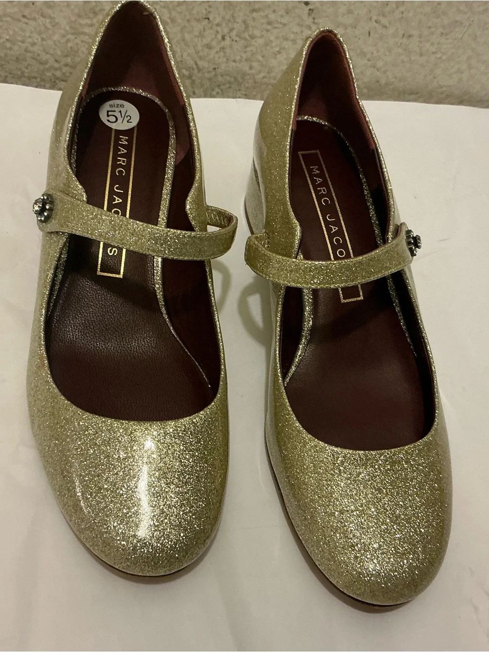 NWT Marc Jacobs Gold Glitter Mary Jane Wedges with Jeweled Button size 36